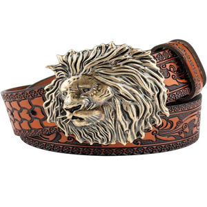 เข็มขัดหนังแท้สไตล์ตะวันตก ดีไซน์แกะสลักด้วยมือ ทนทาน สวยงาม เหมาะสำหรับทั้งชายและหญิง พร้อมหัวเข็มขัดลายนูนรูปหัวสิงโตแบบ 3 มิติ - Product Image 1