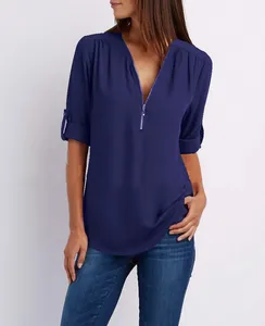 Tunique élégante unie à fermeture éclair, légère, à manches trois quarts, pour le printemps, l'automne et les activités quotidiennes en extérieur - Product Image 1