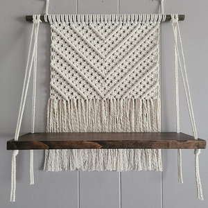 Handmade Cotton Rope with <b>Pine</b> Wood White Macrame Wall <b>Shelf</b> Geometric Pattern Bohemian Style Wooden Rack For Home Decor - Product Image 1