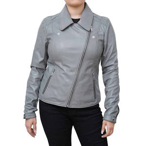Chaqueta de Moto de Cuero Sintético Gris para Mujer, Cuello Camisero, Cierre de Cremallera, Corte Ajustado, para Otoño, Manga Larga, Color Sólido - Product Image 4