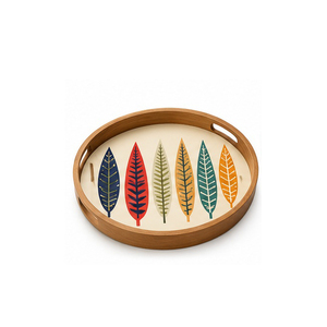 <b>Wooden</b> Serving <b>Tray</b> With Floral Plant Pattern Painted Finish Handle Residential Use - Product Image 4
