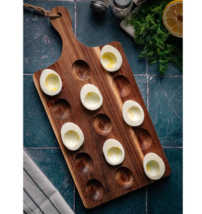 Plateau de service pour œufs en bois avec 12 emplacements pour œufs au chocolat, vaisselle écologique, organiseur d'œufs durs avec poignée en cuir - Product Image 4
