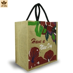 Sac fourre-tout promotionnel en jute naturel laminé, sac de shopping promotionnel 32x34x20 cm, logo personnalisé, vente en gros, modèle OEM BG-G6 - Product Image 1