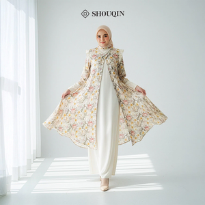 ชุดเดรสยาวมุสลิมผู้หญิงแบบ 2-in-1 ยี่ห้อ Shouqin Shireen ผ้าซาตินลายดอกไม้หรูหรา แขนยาว กันยับ ไซส์ใหญ่ - Product Image 1