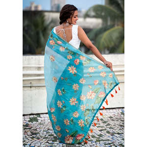 Sari traditionnel d'hiver en soie Chanderi bleu ciel, imprimé Pichwai, avec bordure tissée Zari, vêtements indiens et pakistanais - Product Image 2