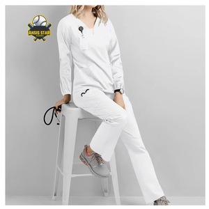 Women Hospital Scrub <b>Set</b> Green Polyester Knitted Long Sleeve V-Neck Uniform Pants with Pockets for Medical Use Customized Color - Product Image 2