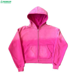 Sweat à capuche zippé pour homme de qualité supérieure, logo personnalisé, 350 GSM, avec strass et effet délavé à l'acide, coupe courte - Product Image 4