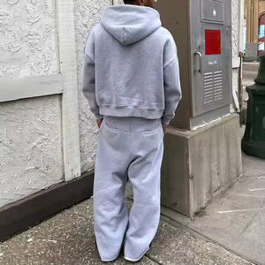 Custom Streetwear Boxy Fit Tracksuit Two Way <b>Zip</b> <b>Hooded</b> Jacket Loose Fit Straight Leg Sweatpants Grey Heavy Fleece OEM - Product Image 2