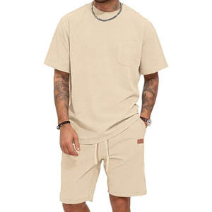 Conjunto de 2 Piezas de Camiseta y Pantalones Cortos Tipo Waffle, Traje de Playa para Vacaciones con Bolsillos, Camiseta y Pantalones Cortos Casuales de Verano Ligeros y Transpirables - Product Image 1