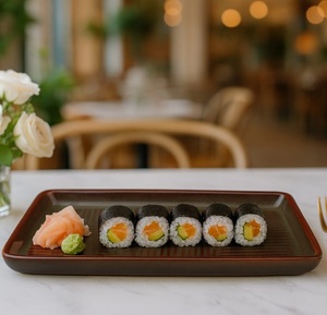 Plato de Sushi Premium en una Elegante Mesa de Restaurante, Elegante Cocina Japonesa en una Mesa de Comedor Moderna, Alta Demanda - Product Image 1