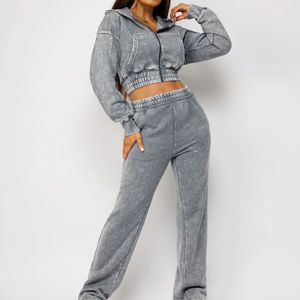 Custom Heavyweight Tracksuit <b>Distressed</b> Boxy Crop <b>Top</b> Hoodie Set Rhinestone Acid Washed Women's Flared Sweatpants Hoodie Set - Product Image 1