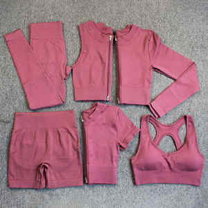 Ensemble de yoga et fitness réversible respirant uni pour femme, 5 pièces, vêtements de sport sans couture, bretelles croisées, élastique, sur mesure - Product Image 2