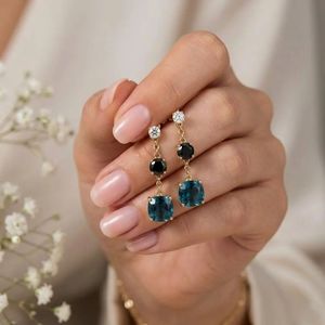 Natural London Blue Topaz Cushion Cut & Black Obsidian Drop <b>Earrings</b> CZ Accent Gemstone Dangle <b>Fine</b> Stud <b>Earrings</b> Jewelry - Product Image 2