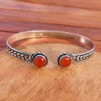Brazalete Unisex de Plata/Oro Chapado en Latón con Doble Piedra de Cornalina Ámbar Nova, Engaste Clásico de Bisel con Gema, Regalo OEM