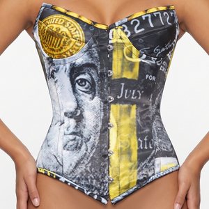 Corset gainant respirant en coton non tissé à haute compression et maintien ferme, motif billet de dollar noir, avec rivets et trous - Product Image 2