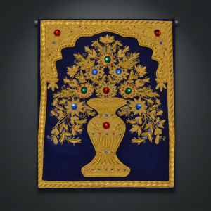 Custom Embroidered Sew-On Badge With Gold <b>Vase</b> And Floral Design On Navy Fabric For Decoration - Product Image 6
