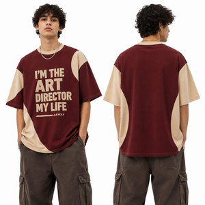 <b>Men's</b> Oversized O-Neck T-<b>Shirt</b> Maroon Beige Contrast Sleeve Printed Letter Design Casual Short Sleeve Cotton Embossed T-<b>Shirt</b> - Product Image 2
