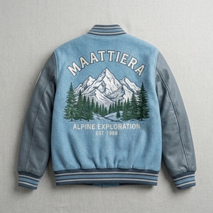 <b>Mens</b> Light <b>Blue</b> Gray Leather Sleeve Jacket Mountain Embroidery Custom Bomber Streetwear Snap Button Premium Outerwear - Product Image 3