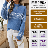 Pulls de Noël FNJIA pour femmes, pull en tricot jacquard bleu flocon de neige, col montant en chenille, pull en tricot d'hiver OEM