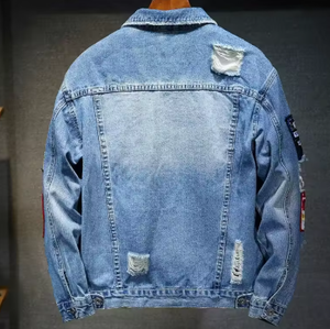 <b>Mens</b> <b>Denim</b> <b>Jacket</b> Casual Turndown Collar Ripped Patchwork Design Single Breasted Autumn Style Regular Fit - Product Image 4