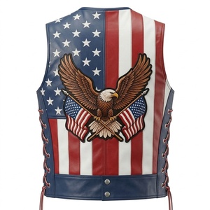 Chaleco de Hombre de Poliéster/Algodón con Estampado de Bandera Americana y Diseño de Águila, Estilo Motero, Cuello Redondo, Cierre de Botones Delanteros, Color Personalizado - Product Image 2