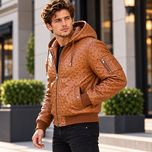 Blouson Bomber Hiver Homme en Cuir de Vachette Marron Respirant avec Fermeture Éclair et Capuche – Vêtement d'extérieur Premium Exotique Décontracté Style Motard - Product Image 5