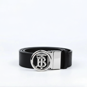 Ceinture en cuir de vachette noir, couleur unie, boucle en plaque argentée, logo lettre, style formel, largeur 35 mm, double couture - Product Image 1