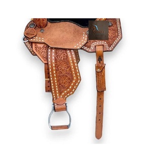 Tan Leather Floral Hand Carved <b>White</b> Raw Hide Braiding Western Barrel Horse Racing Saddle <b>Black</b> Suede Seat SS Fitting 10" to 18" - Product Image 2