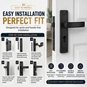 Juego de Manijas de Puerta con Cerradura de Embutir Negro Mate Premium, de Alta Resistencia, para Entrada Exterior, con Placa, Palanca, Herrajes, Cilindro y Llaves, Diseño Moderno y Resistente al Óxido - Product Image 6