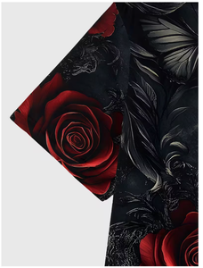 T-shirt pour homme à imprimé floral, manches courtes, col rond, coupe ajustée, vêtement décontracté, respirant, polyester, motif rose noire et rouge - Product Image 4