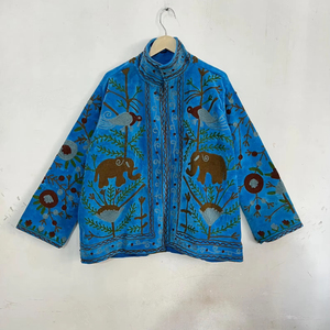 เสื้อแจ็คเก็ตโบโฮปักลายซูซานี ผ้ากำมะหยี่ สีน้ำเงิน สำหรับผู้หญิง เสื้อคลุมสั้นสไตล์ชาติพันธุ์ คอตั้ง เปิดด้านหน้า เหมาะสำหรับใส่ในฤดูหนาวและฤดูใบไม้ร่วง - Product Image 1