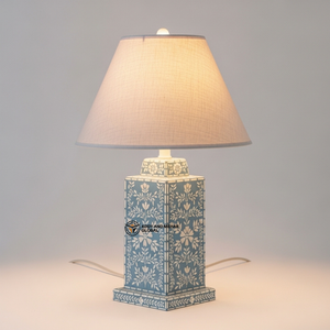 <b>Blue</b> Bone Inlay <b>Bedside</b> Lamp | Elegant Round Base <b>Table</b> Lamp with Neutral Shade - Product Image 6