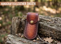 Couteau de chasse pliant en acier Damas, manche en bois de noyer, bolster gravé, étui en cuir embossé à la main, lame à pointe tombante, OEM