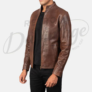 Veste de motard en cuir véritable marron de qualité supérieure pour hommes, coupe ajustée, col montant, fermeture éclair classique, manteau décontracté pour moto et streetwear - Product Image 5
