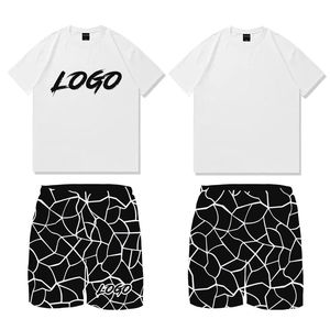 Men's White T-Shirt And Green Printed Shorts <b>Set</b> Two Piece Crewneck Tee With Matching Shorts Casual Activewear Lounge Wear - Product Image 5