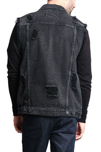 <b>Men's</b> <b>Light</b> Blue Denim Vest Turn-down Collar Single Breasted Frayed Casual Washed Cotton Spring Style - Product Image 5