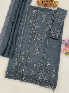 Costume en coton bleu marine brodé pour femmes avec dupatta, tenue traditionnelle indienne pakistanaise, longueur cheville, coupe régulière, vêtements décontractés - Product Image 2
