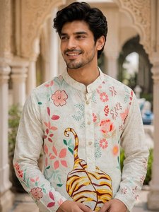 Kurta de Algodón para Hombre con Estampado Floral de Tigre, Corte Regular, Largo hasta la Rodilla, Estilo Tradicional Indio-Pakistaní, Reversible, para Fiestas y Uso Casual - Product Image 4