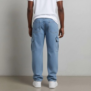 Jean cargo bleu clair pour homme avec logo flamme brodé sur la jambe droite, taille mi-haute, style décontracté d'été, plusieurs poches, respirant - Product Image 3