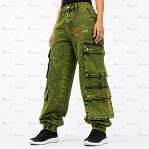 Jean cargo en denim taille haute pour femme, coupe ample et jambe large, bleu délavé vintage, style streetwear, vente en gros, personnalisable - Product Image 2