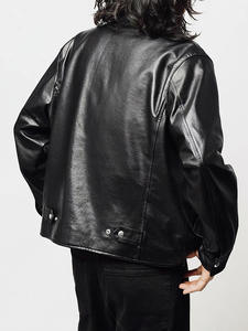 Blouson moto en cuir véritable noir pour homme, col rabattu, fermeture éclair, manches classiques, couleur unie, style motard, vêtement d'automne - Product Image 6