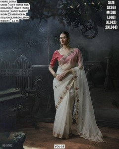 Maroon Soft <b>Tissue</b> Silk Saree Organza Blouse Embroidery Thread Stone Work <b>Wedding</b> Party Wear Moisture Wicking Wrinkle Free - Product Image 2
