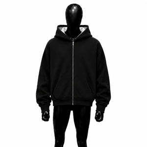 Sudadera con capucha negra con cremallera completa, de algodón grueso de primera calidad, estilo oversize, unisex, en oferta - Product Image 1
