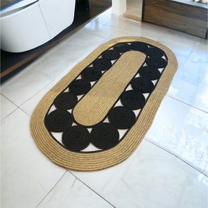 On Sale Oval Jute Bath Rug Geometric Pattern Braided Non Slip Rubber Backing Modern Style Flat Pile Bathroom Decor - Product Image 1