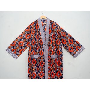 Handmade Boho Style Cotton <b>Kimono</b> Robe for <b>Women</b> Long Floor-Length Bathrobe with Block Print Fabric Natural Waistline Washable - Product Image 2