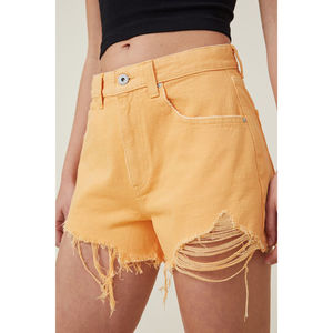 Shorts de mezclilla de algodón transpirables para mujer, nuevos, a la moda, con rotos naranjas, precio de fábrica al por mayor, personalizables - Product Image 1