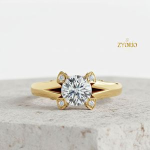 Anillo de Compromiso Solitario con Corte Redondo, Oro de 10K, Anillo con Acento de Diamante Geométrico, Joyería Nupcial - Product Image 1