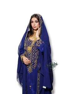 Avais House Women's Plus Size Blue Embroidered Polyester Abaya Long Sleeve Floor Length Elegant Wedding Dress Golden Detailing - Product Image 1