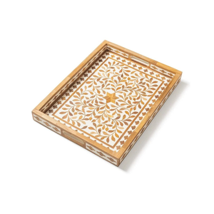 Plateau de service en os incrusté, forme ronde, motif feuille, couleur bleu classique, incrustation décorative en os, vente chaude - Product Image 3