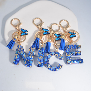 Wholesale Bestseller Royal Blue Butterfly Tassel Alphabet Keychain Drops Glue Resin <b>Initial</b> Letter Handcrafted High Quality - Product Image 3